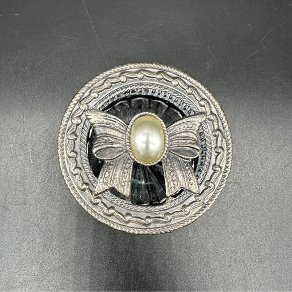 Vintage Trinket Dish Vanity Jewelry Jar Pewter Glass Faux Pearl Cabochon Cottage - Picture 2 of 10